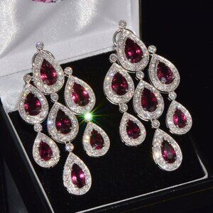Certified Natural 23.53CTS VS F Diamond Rubellite Tourmaline Chandelier Earrings
